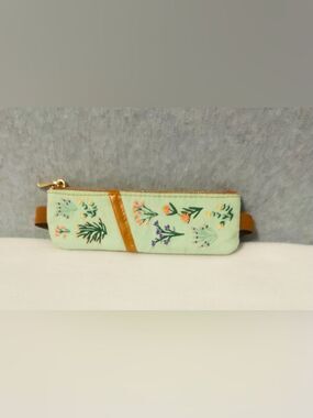 Denik Mint Floral Embroidered Pencil Case with Tan Accent